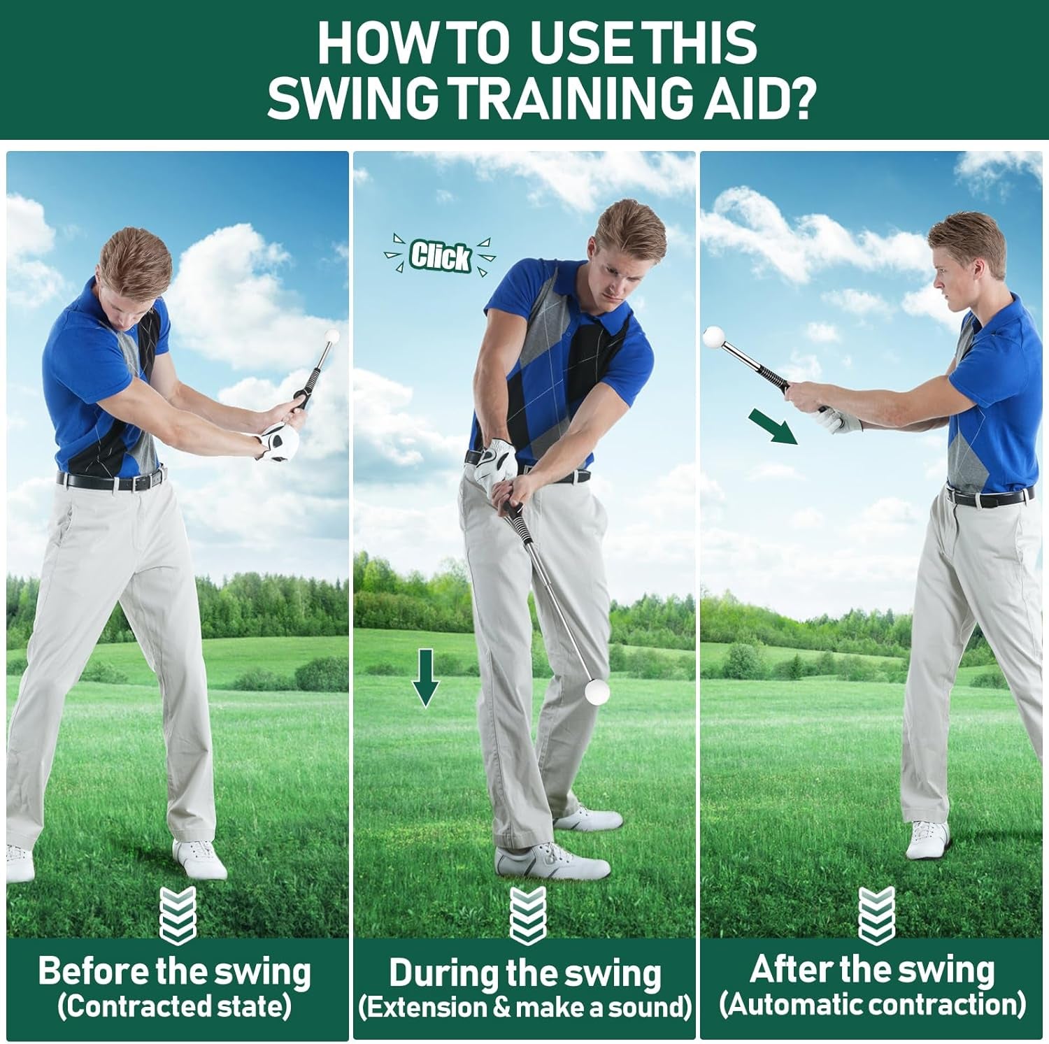 Retractable Golf Swing Trainer with Golf Grip Trainer-Telescopic Club Retractable Golf Swing Training Aid with Arm Band/Tempo Stick Golf/Warm Up/Indoor Golf Practice | Golf Grip Trainer
