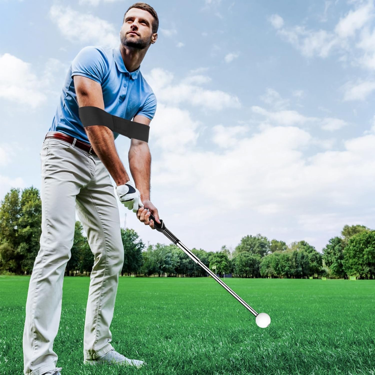 Retractable Golf Swing Trainer with Golf Grip Trainer-Telescopic Club Retractable Golf Swing Training Aid with Arm Band/Tempo Stick Golf/Warm Up/Indoor Golf Practice | Golf Grip Trainer